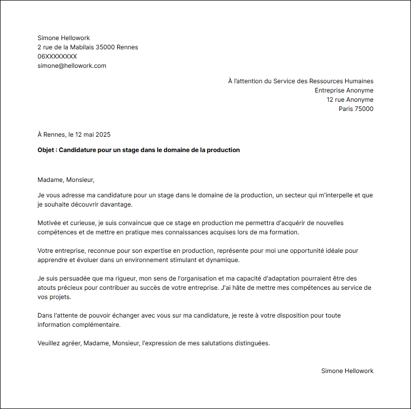 Modèle lettre de motivation pour un stage Production Exemple lettre de motivation pour un stage Production