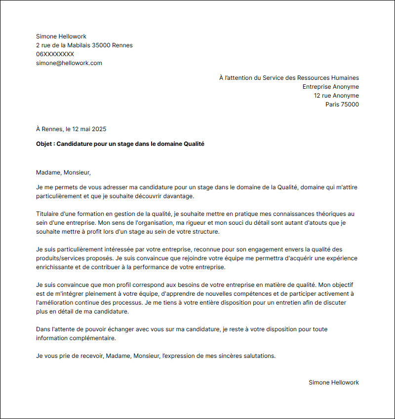 Modèle lettre de motivation pour un stage Qualité Exemple lettre de motivation pour un stage Qualité