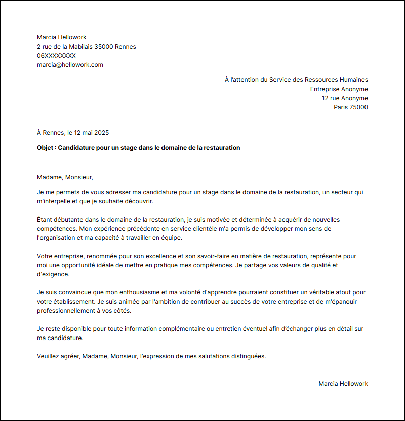 Modèle lettre de motivation pour un stage Restauration Exemple lettre de motivation pour un stage Restauration