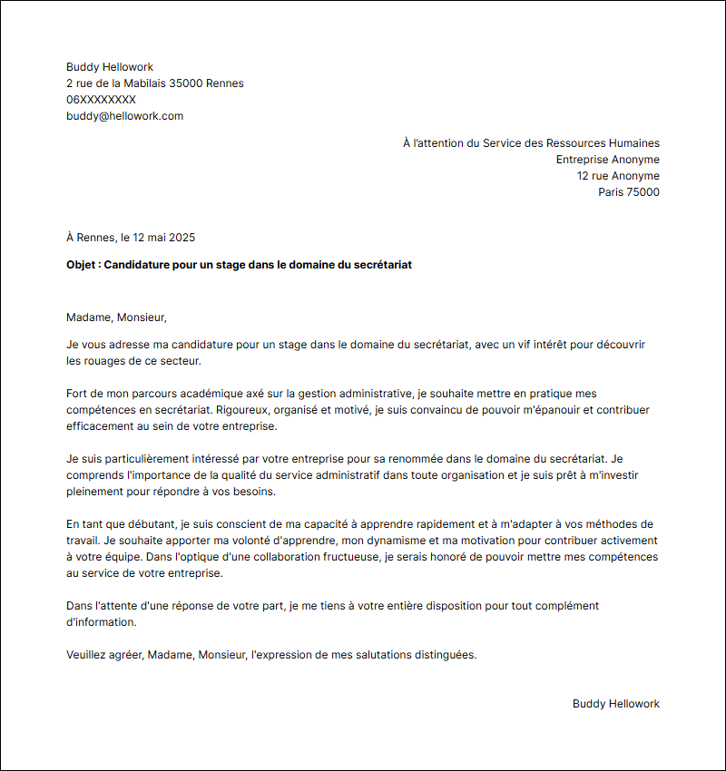 Modèle lettre de motivation pour un stage Secrétariat Exemple lettre de motivation pour un stage Secrétariat
