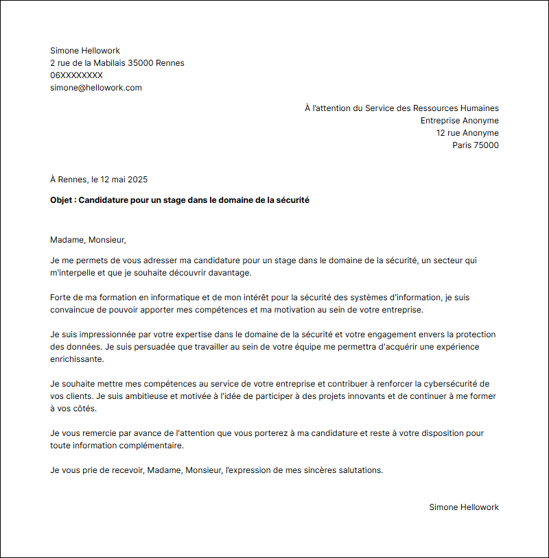 Exemple lettre de motivation pour un stage Sécurité
