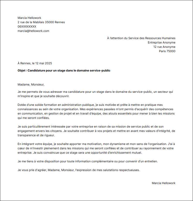 Modèle lettre de motivation pour un stage Service Public Exemple lettre de motivation pour un stage Service Public