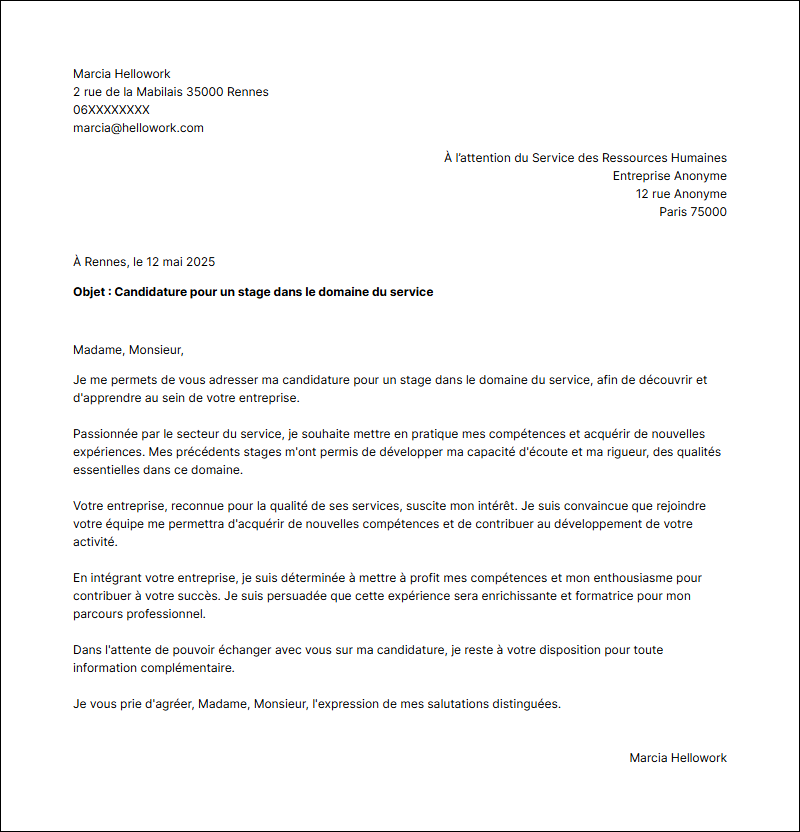 Modèle lettre de motivation pour un stage Service Exemple lettre de motivation pour un stage Service