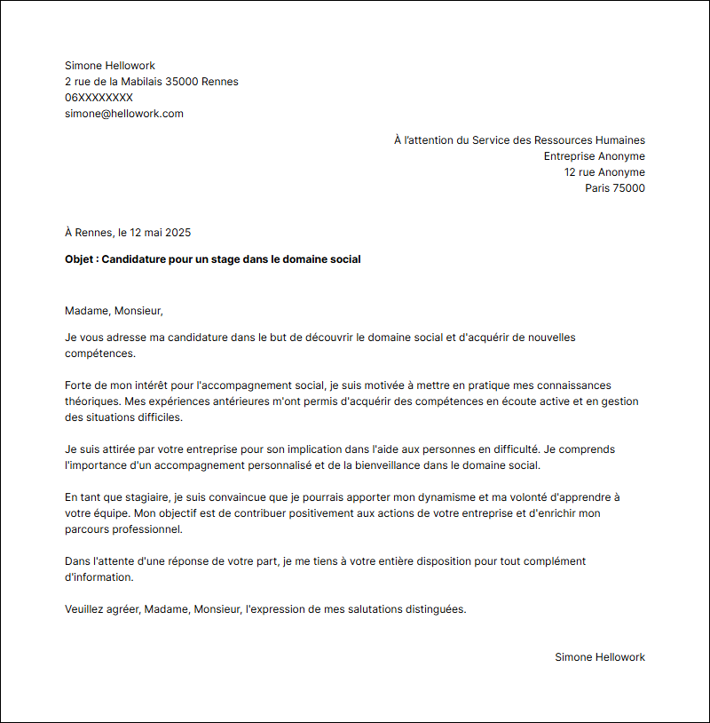 Modèle lettre de motivation pour un stage Social Exemple lettre de motivation pour un stage Social