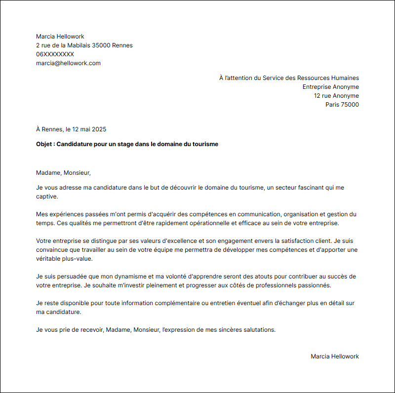 Modèle lettre de motivation pour un stage Tourisme Exemple lettre de motivation pour un stage Tourisme