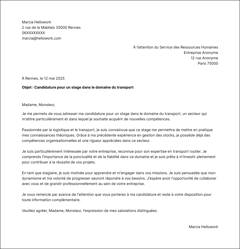 Modèle lettre de motivation pour un stage Transport Exemple lettre de motivation pour un stage Transport