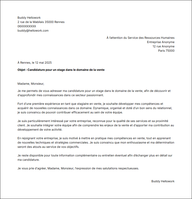 Modèle lettre de motivation pour un stage Vente Exemple lettre de motivation pour un stage Vente