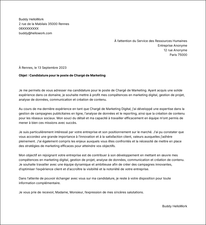 Modèle lettre de motivation Marketing Exemple lettre de motivation Marketing