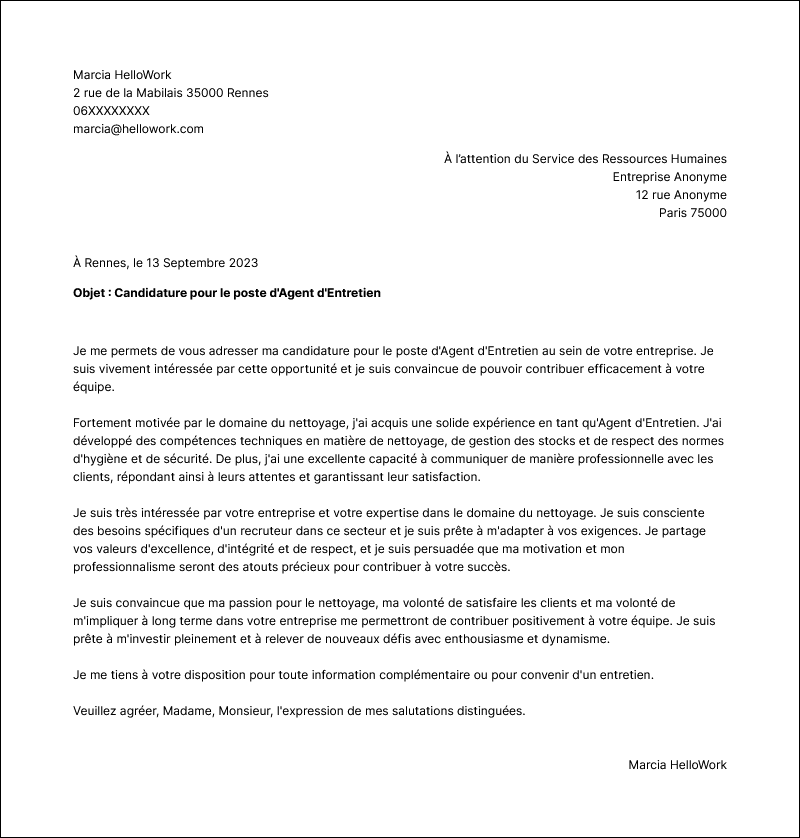 Modèle lettre de motivation Nettoyage Exemple lettre de motivation Nettoyage