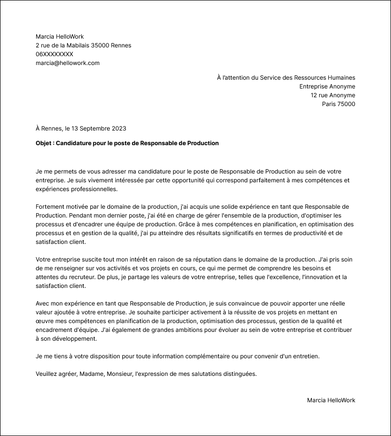 Modèle lettre de motivation Production Exemple lettre de motivation Production
