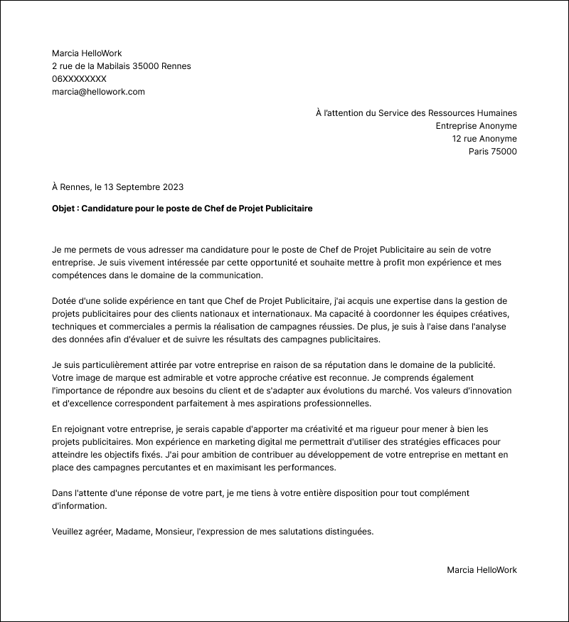 Modèle lettre de motivation Pub Exemple lettre de motivation Pub