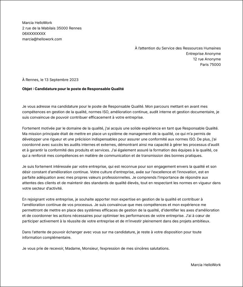 Modèle lettre de motivation Qualité Exemple lettre de motivation Qualité