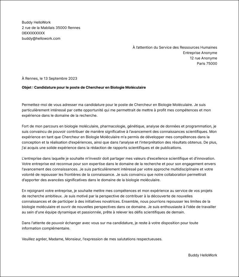 Modèle lettre de motivation Recherche Exemple lettre de motivation Recherche