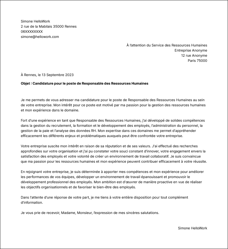 Modèle lettre de motivation Ressources Humaines Exemple lettre de motivation Ressources Humaines