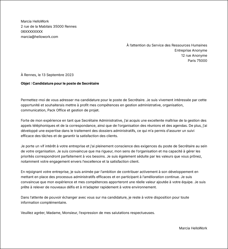 Modèle lettre de motivation Secrétariat Exemple lettre de motivation Secrétariat
