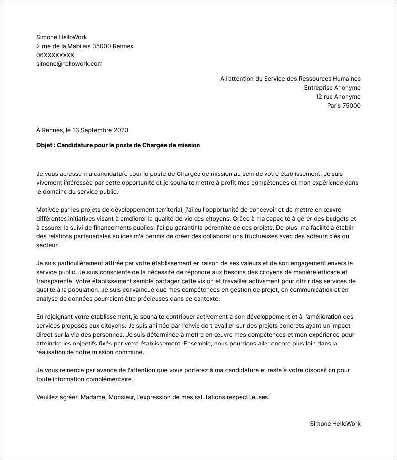Modèle lettre de motivation Service Public Exemple lettre de motivation Service Public