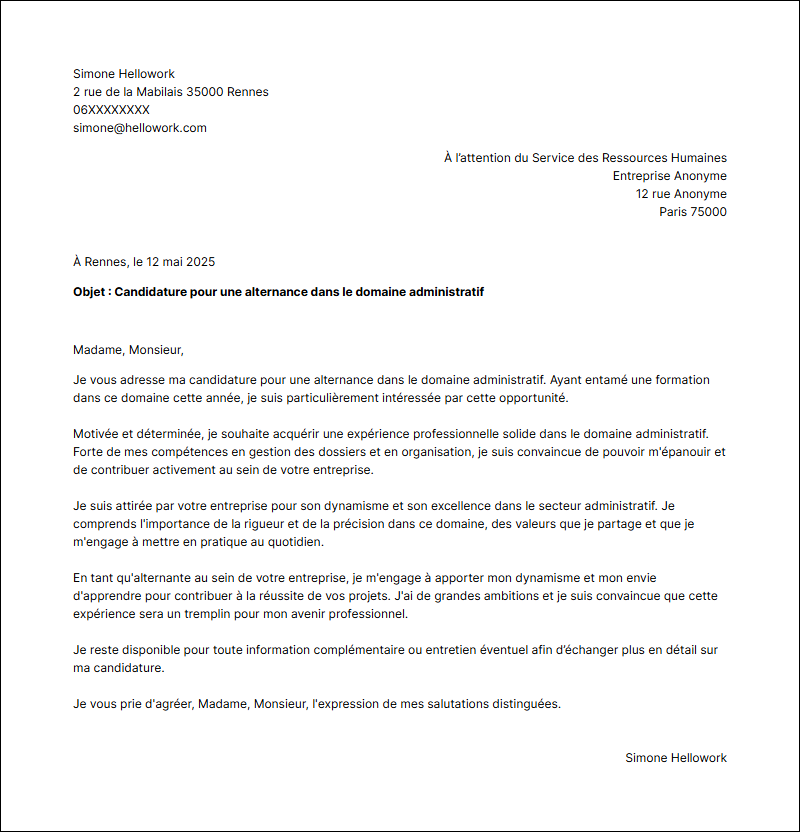 Modèle lettre de motivation Administratif en alternance Exemple lettre de motivation Administratif en alternance