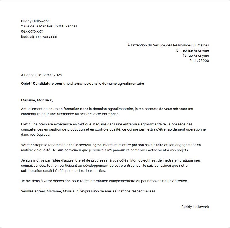Modèle lettre de motivation Agroalimentaire en alternance Exemple lettre de motivation Agroalimentaire en alternance