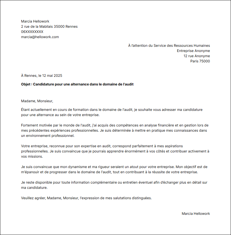 Modèle lettre de motivation Audit en alternance Exemple lettre de motivation Audit en alternance