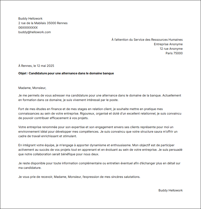 Exemple lettre de motivation Banque en alternance
