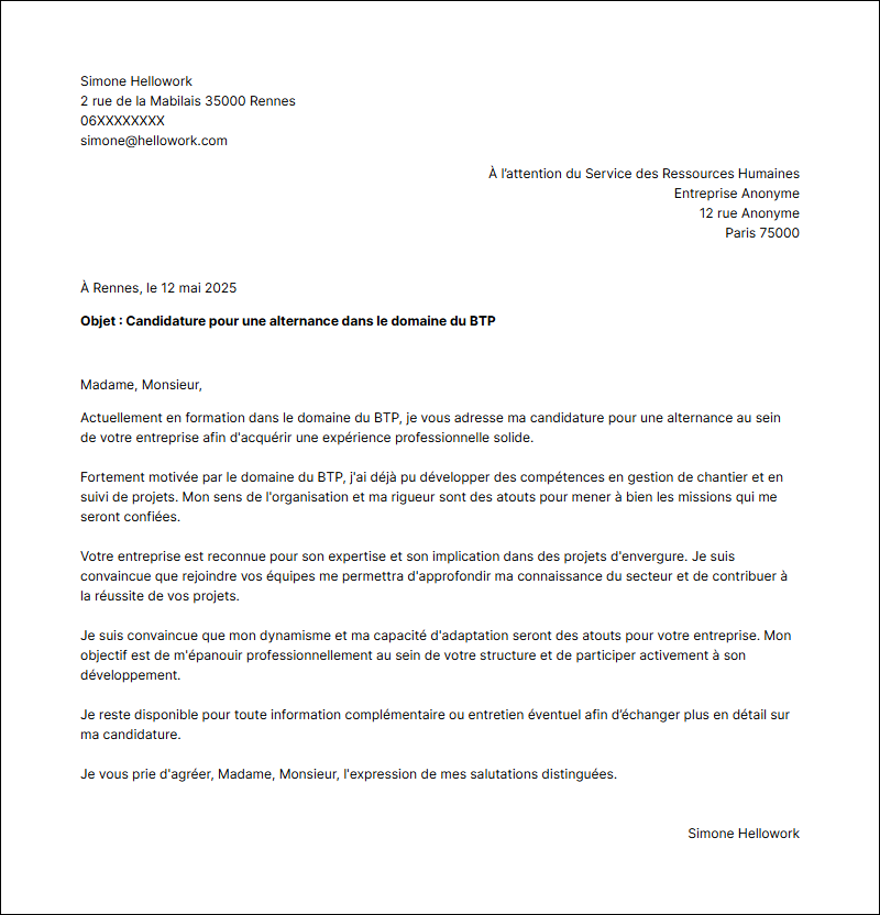 Exemple lettre de motivation BTP en alternance
