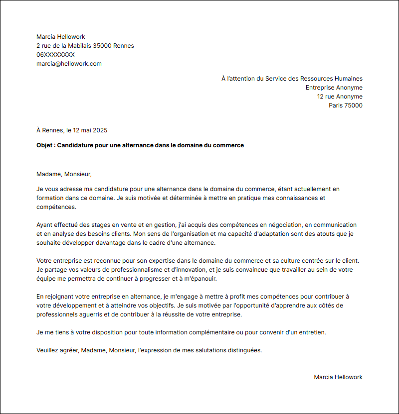 Exemple lettre de motivation Commerce en alternance