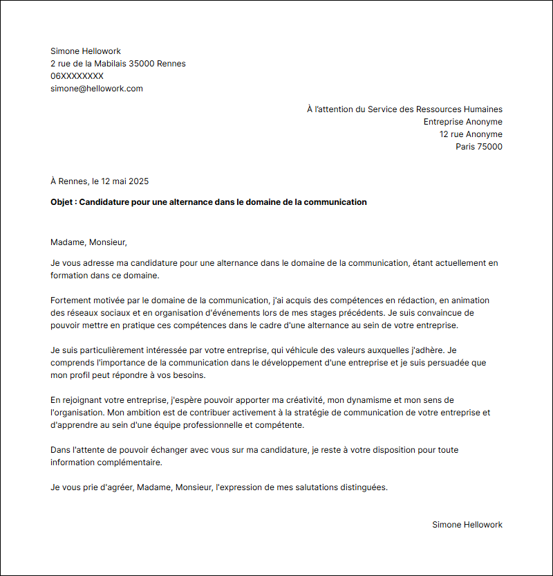 Exemple lettre de motivation Communication en alternance
