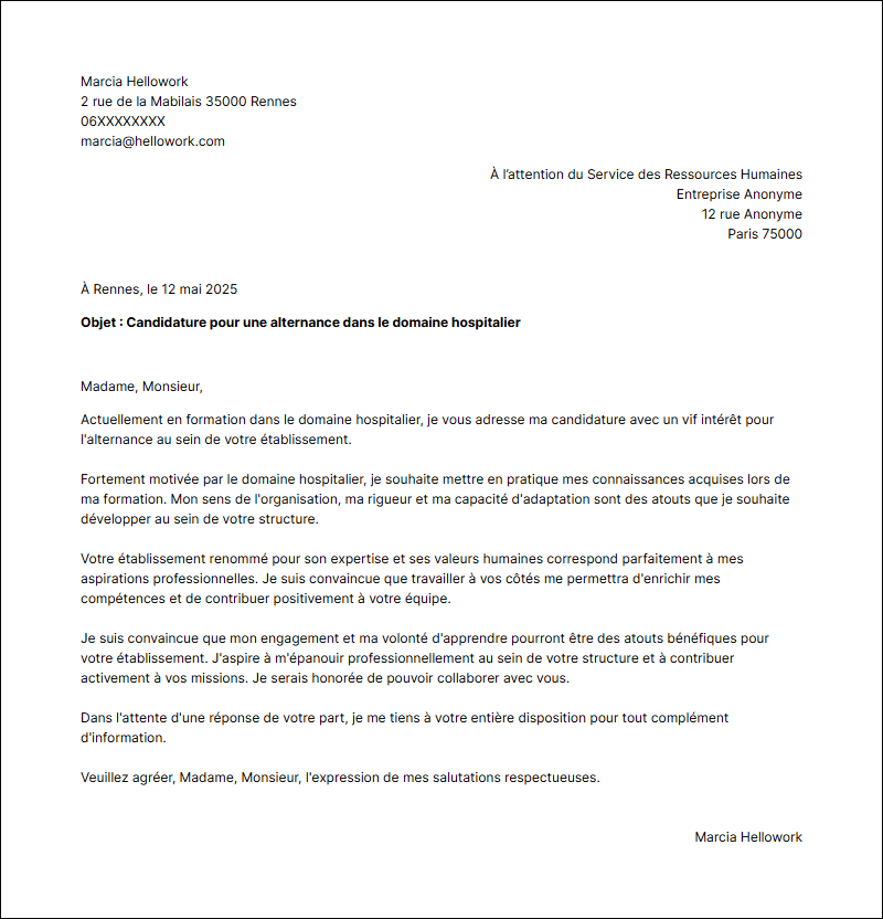 Modèle lettre de motivation Hospitalier en alternance Exemple lettre de motivation Hospitalier en alternance