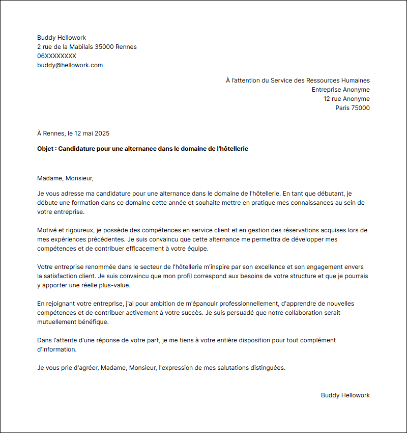 Modèle lettre de motivation Hotellerie en alternance Exemple lettre de motivation Hotellerie en alternance
