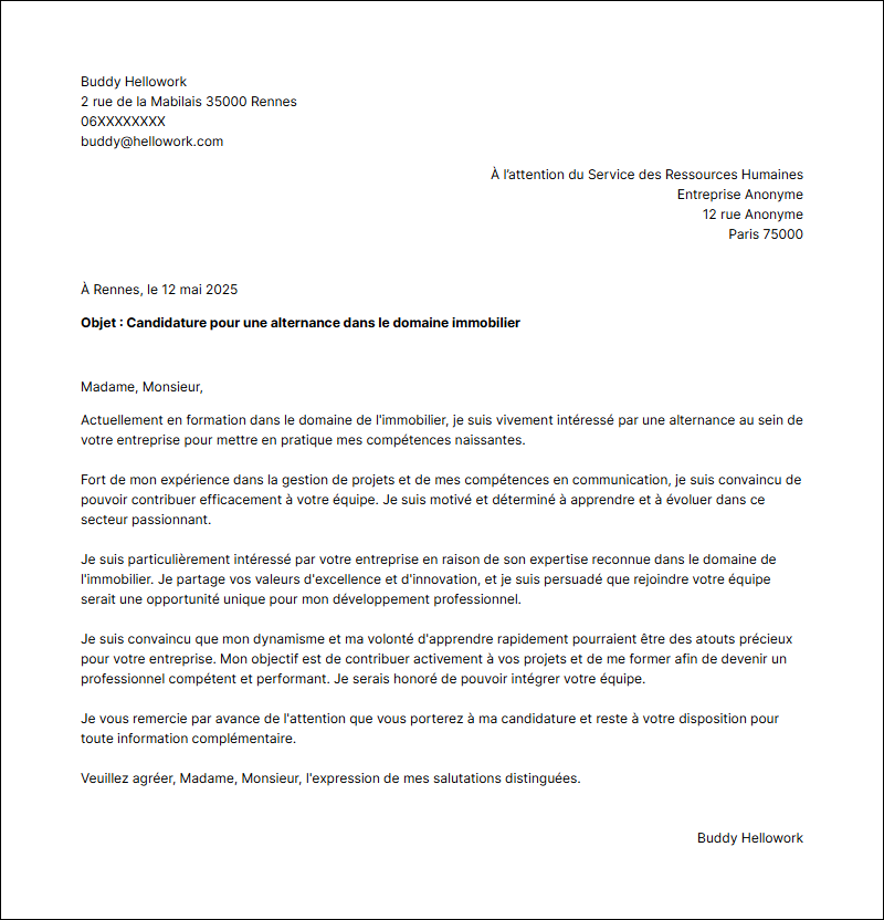 Modèle lettre de motivation Immobilier en alternance Exemple lettre de motivation Immobilier en alternance