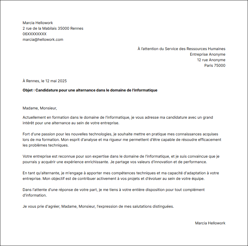Modèle lettre de motivation Informatique en alternance Exemple lettre de motivation Informatique en alternance