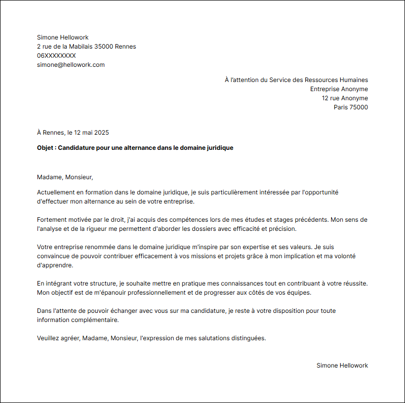 Modèle lettre de motivation Juridique en alternance Exemple lettre de motivation Juridique en alternance