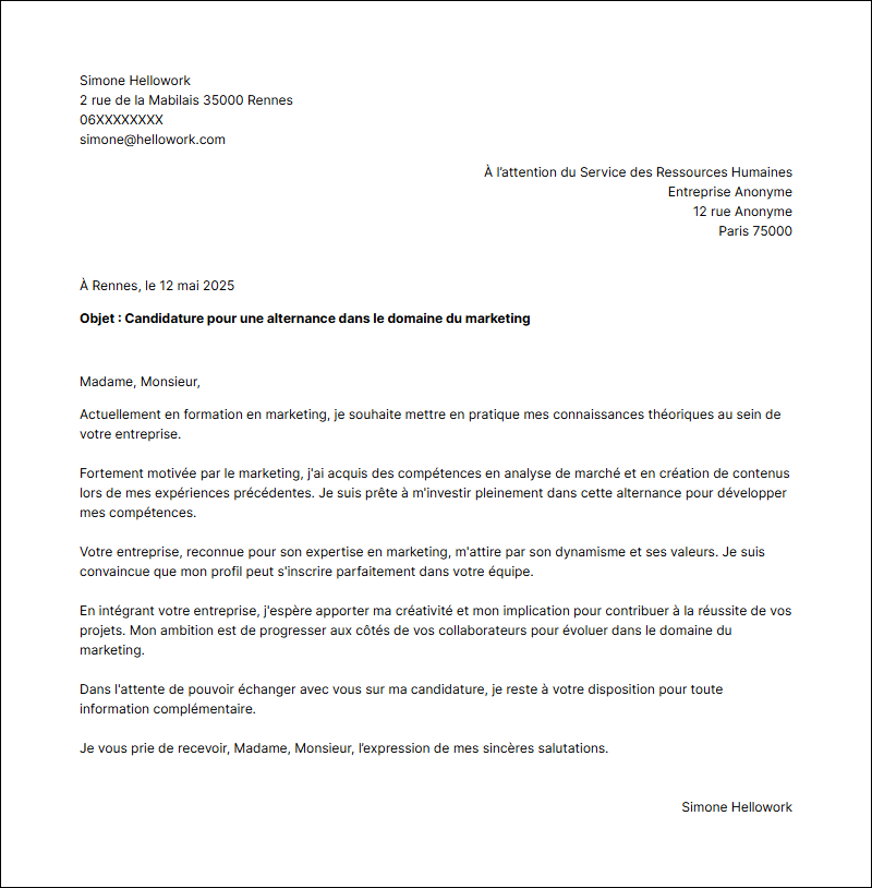 Modèle lettre de motivation Marketing en alternance Exemple lettre de motivation Marketing en alternance