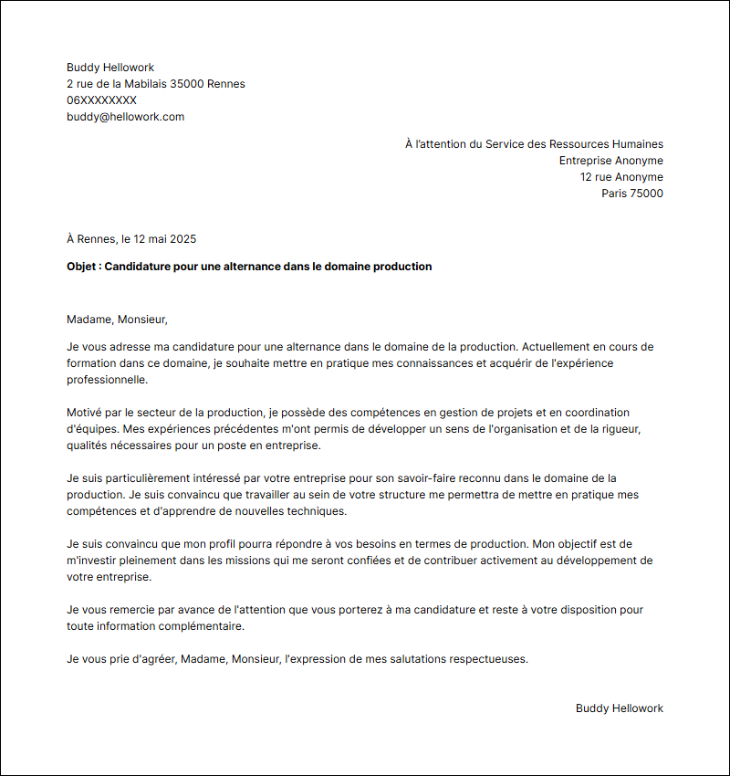 Modèle lettre de motivation Production en alternance Exemple lettre de motivation Production en alternance
