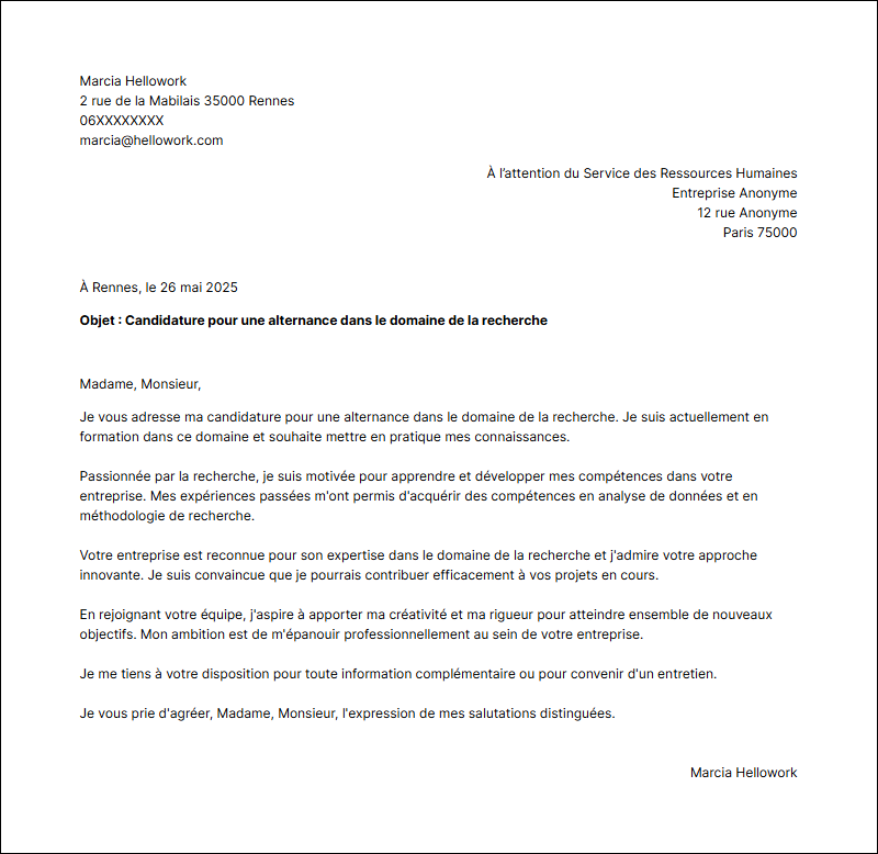 Modèle lettre de motivation Recherche en alternance Exemple lettre de motivation Recherche en alternance