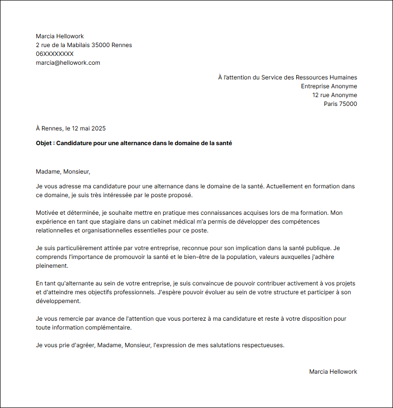 Modèle lettre de motivation Santé en alternance Exemple lettre de motivation Santé en alternance