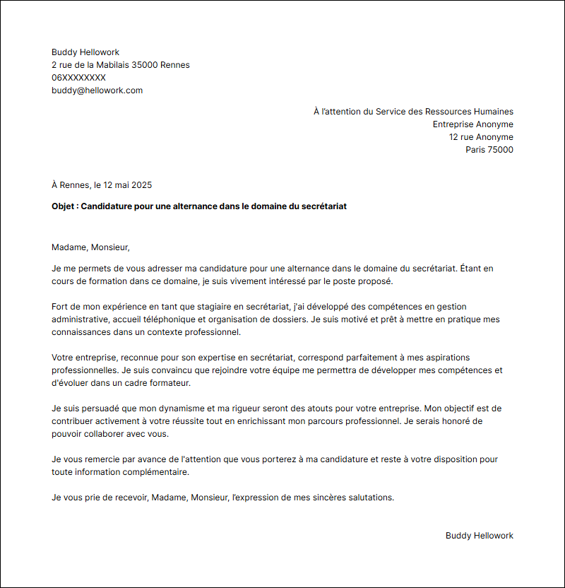 Exemple lettre de motivation Secrétariat en alternance