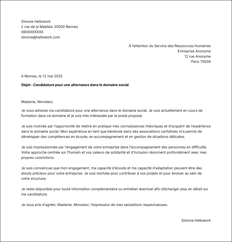 Modèle lettre de motivation Social en alternance Exemple lettre de motivation Social en alternance