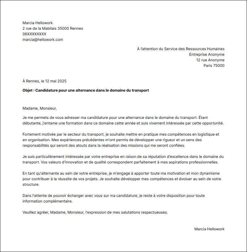 Modèle lettre de motivation Transport en alternance Exemple lettre de motivation Transport en alternance