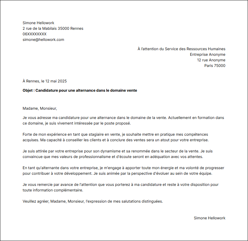 Exemple lettre de motivation Vente en alternance