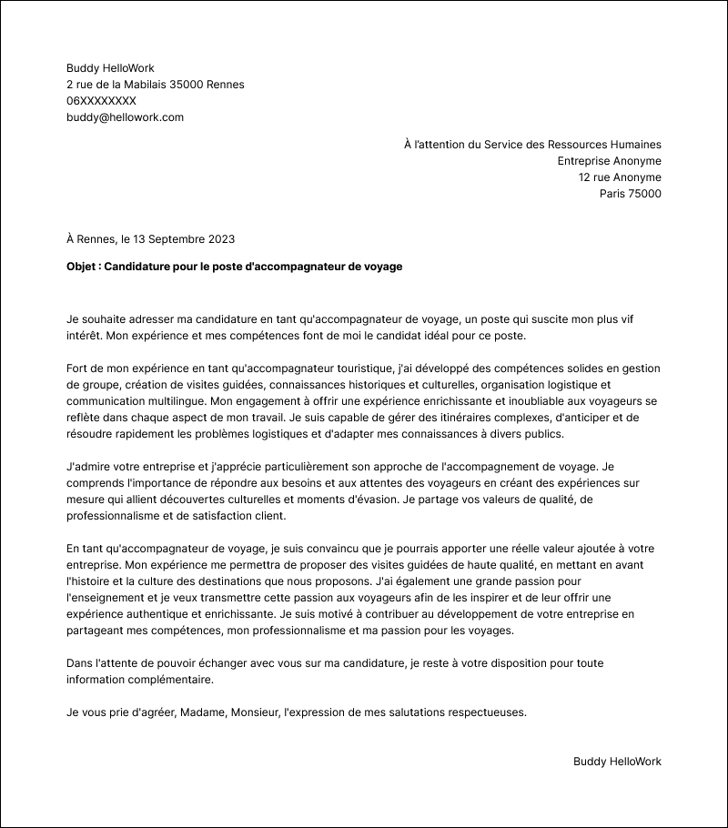 Modèle lettre de motivation Accompagnateur de voyage Exemple lettre de motivation Accompagnateur de voyage