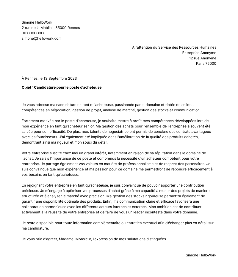 Modèle lettre de motivation Acheteur Exemple lettre de motivation Acheteur