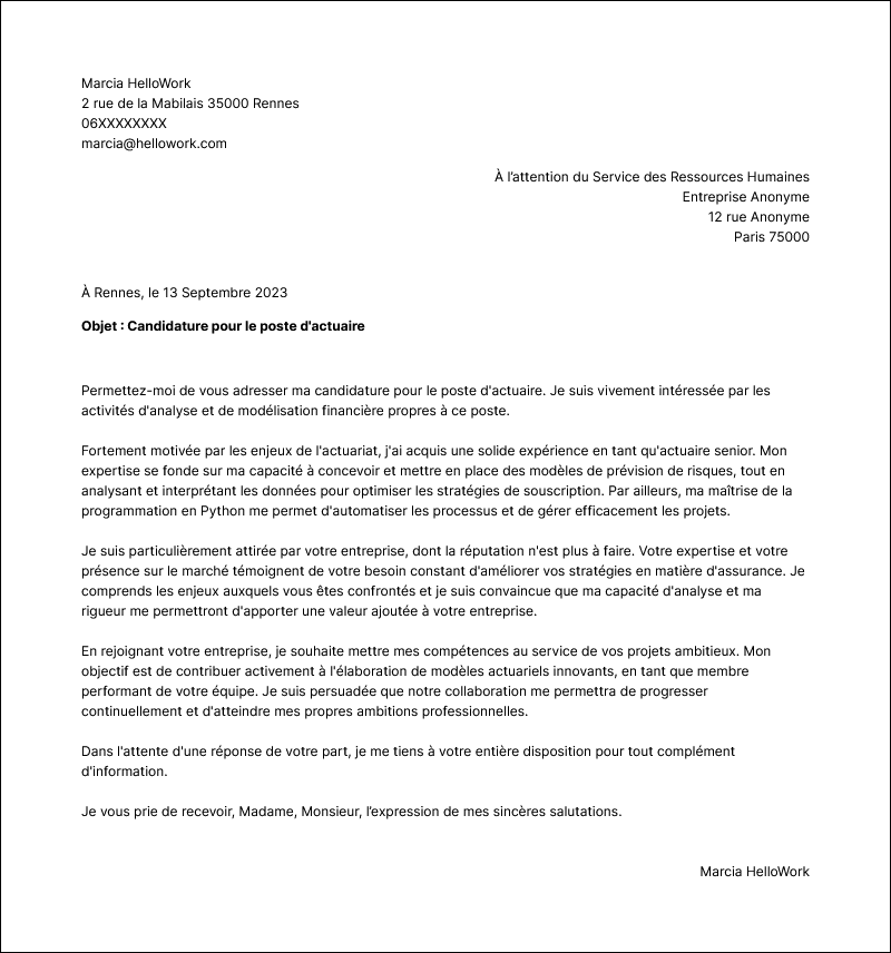 Modèle lettre de motivation Actuaire Exemple lettre de motivation Actuaire