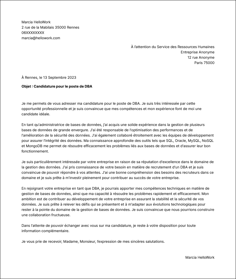 Exemple lettre de motivation Administrateur de bases de données