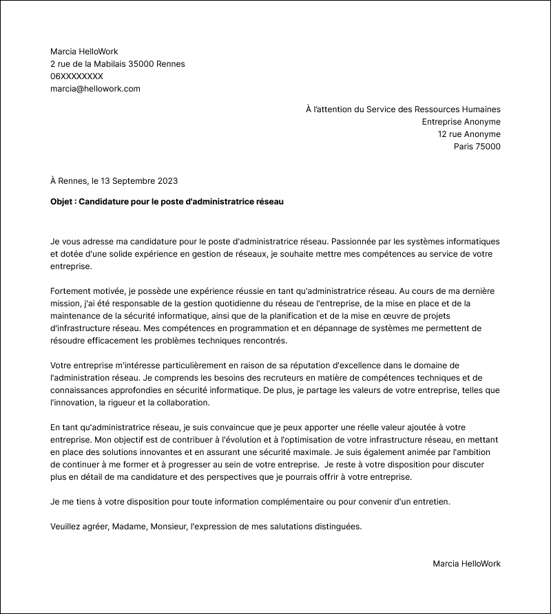 Modèle lettre de motivation Administrateur réseau Exemple lettre de motivation Administrateur réseau