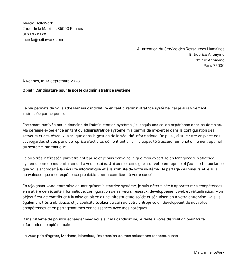 Modèle lettre de motivation Administrateur système Exemple lettre de motivation Administrateur système