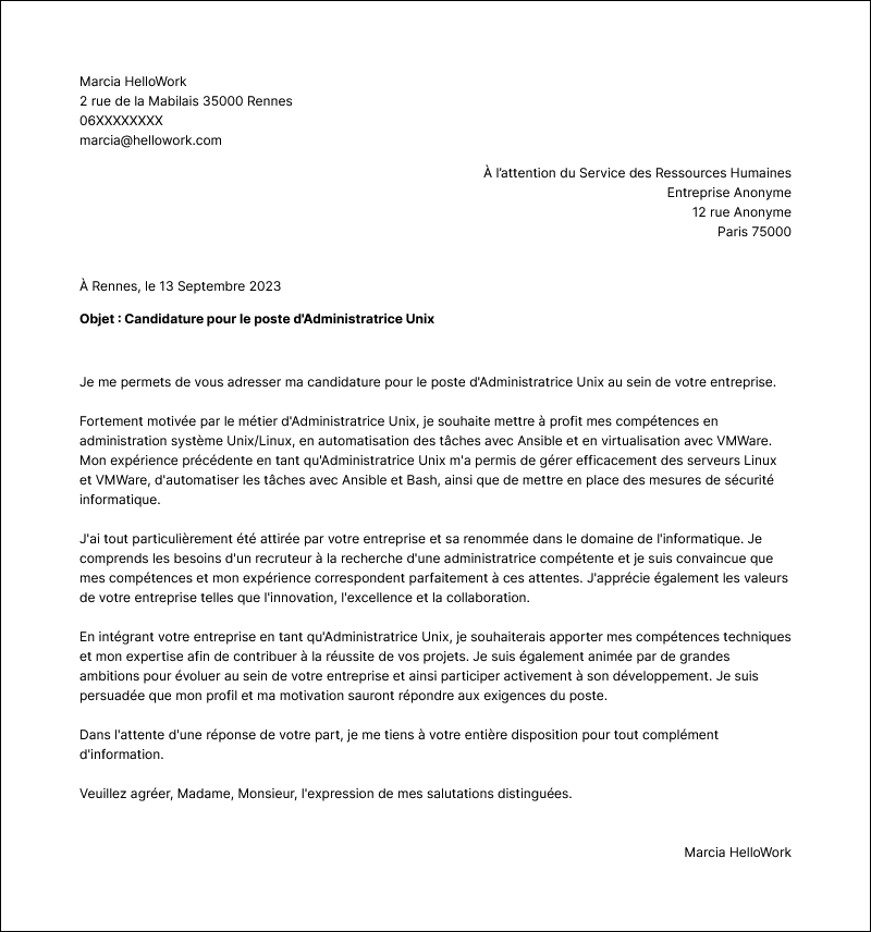 Modèle lettre de motivation Administrateur unix Exemple lettre de motivation Administrateur unix