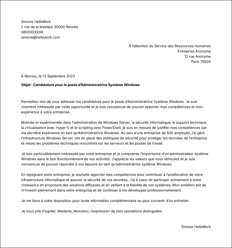 Modèle lettre de motivation Administrateur système Windows Exemple lettre de motivation Administrateur système Windows