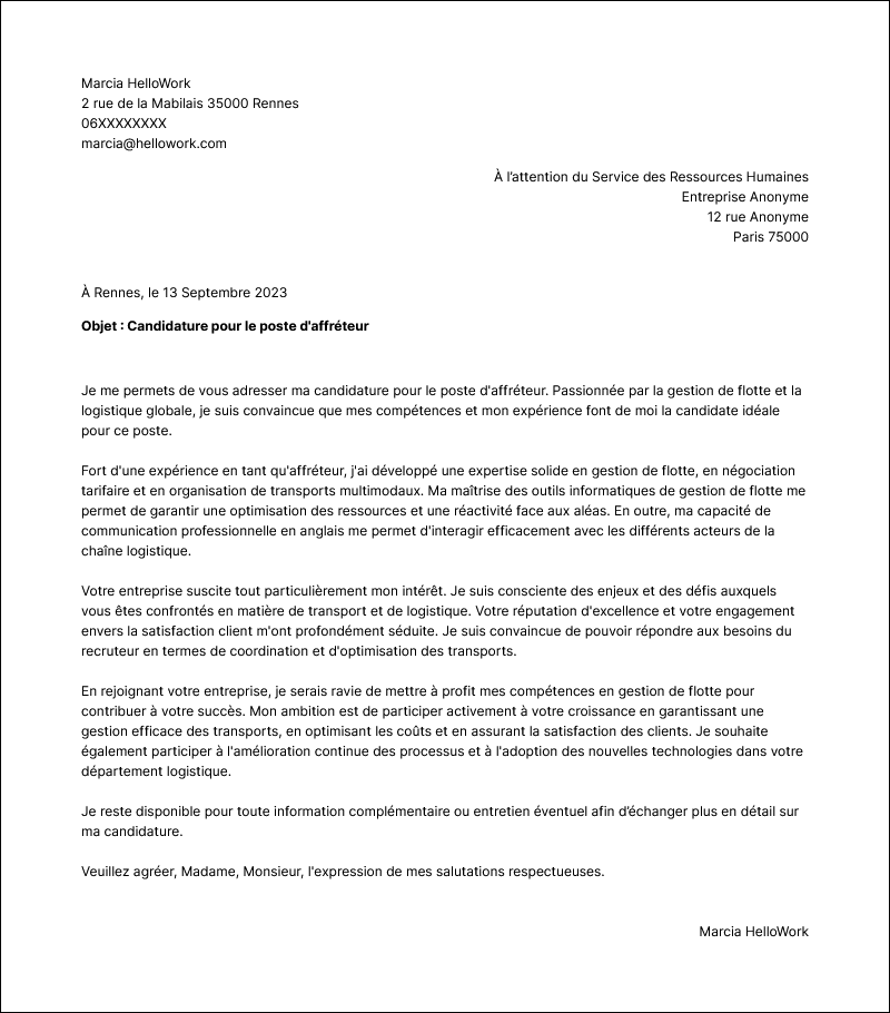 Modèle lettre de motivation Affréteur Exemple lettre de motivation Affréteur