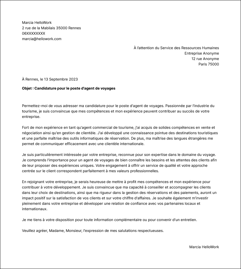 Modèle lettre de motivation Agent de voyage Exemple lettre de motivation Agent de voyage